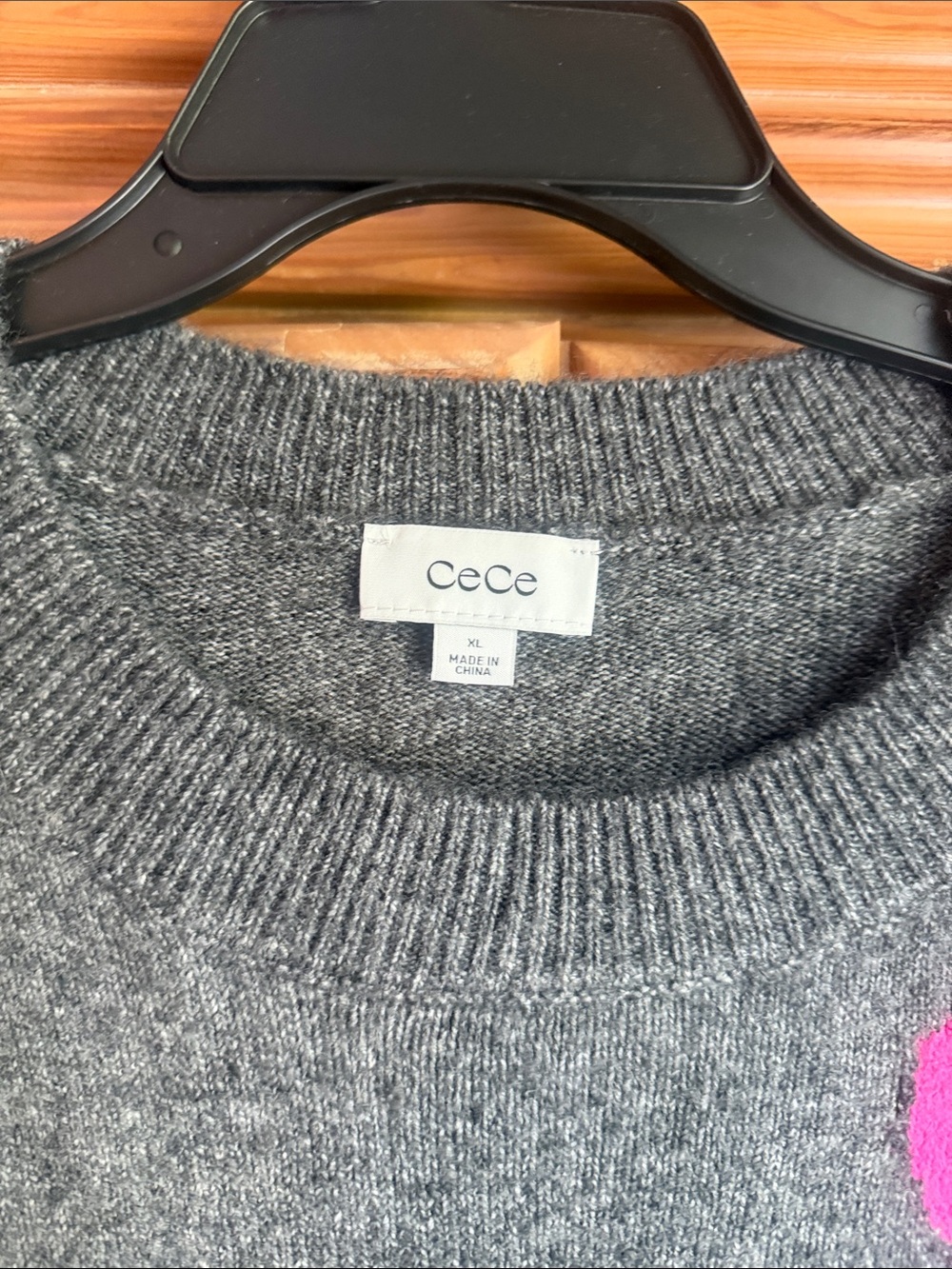 CeCe Heather Gray Crewneck Sweater with Pink & Navy Heart Motifs - Picture 2 of 7